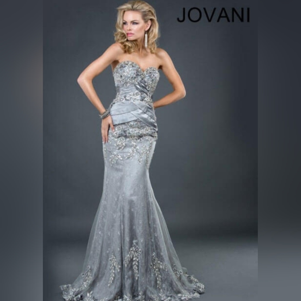 Jovani Grey Silver Lace Beaded Appliqué Strapless Maxi Gown 1921, Sz16